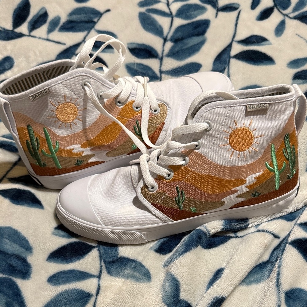 White and Tan Embroidered High-Top Sneakers